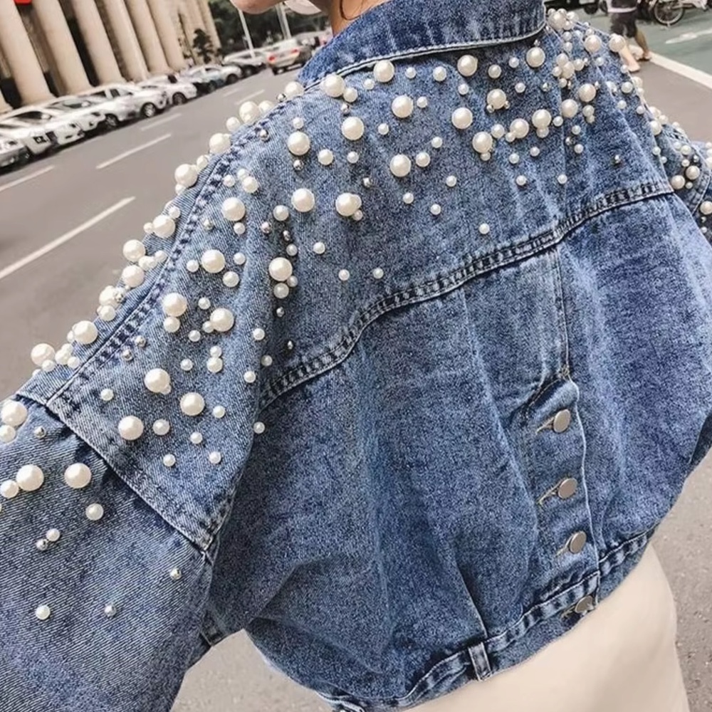 Medium Wash Faux pearl Button up Oversized Jean Denim jacket